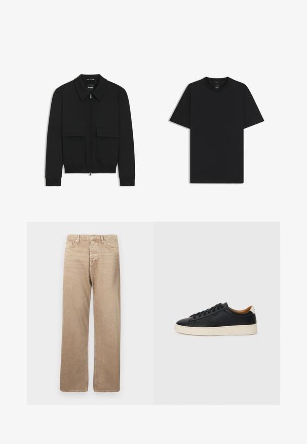 Black bomber jacket with a collared neck, zip front, and two large flap pockets. Features ribbed cuffs and hem, made of textured fabric.; Black short-sleeve T-shirt made from a smooth cotton blend, featuring a crew neckline and a minimalistic design with no patterns or accents.; Beige denim jeans with a straight fit, featuring five pockets, a button closure, and contrasting stitching. Smooth texture and minimal distressing.; Black leather sneakers with a smooth texture, beige rubber sole, lace-up design, and a contrasting heel accent.