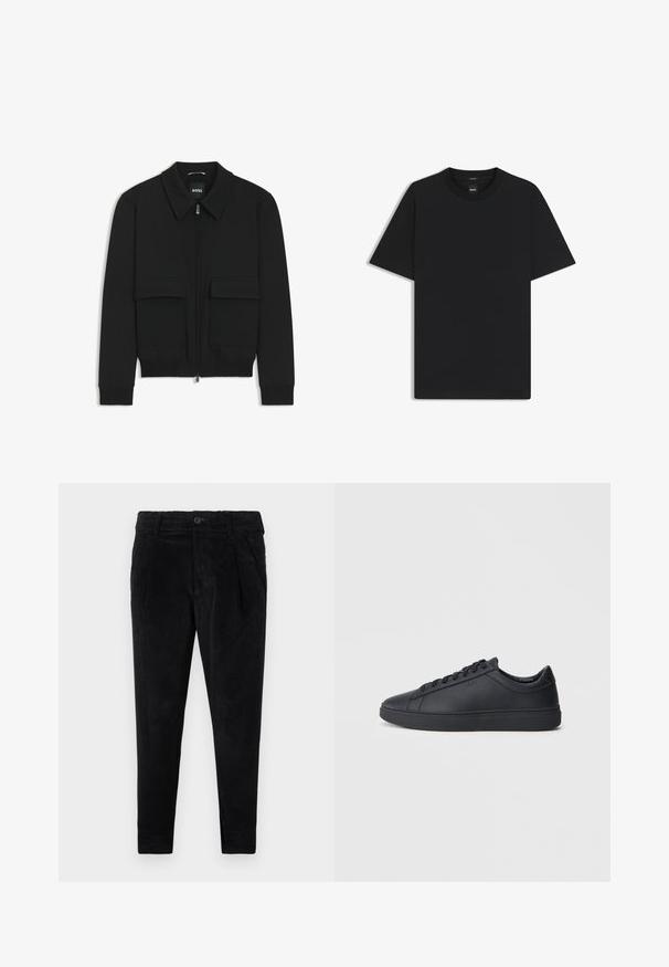 Black bomber jacket with a collared neck, zip front, and two large flap pockets. Features ribbed cuffs and hem, made of textured fabric.; Black short-sleeve T-shirt made from a smooth cotton blend, featuring a crew neckline and a minimalistic design with no patterns or accents.; Black corduroy trousers with a slim fit, featuring a button closure, two front pockets, and vertical ribbed texture throughout.; Black sneakers made of smooth leather with a low-top design, round toe, and flat rubber sole. Features laces and subtle branding.
