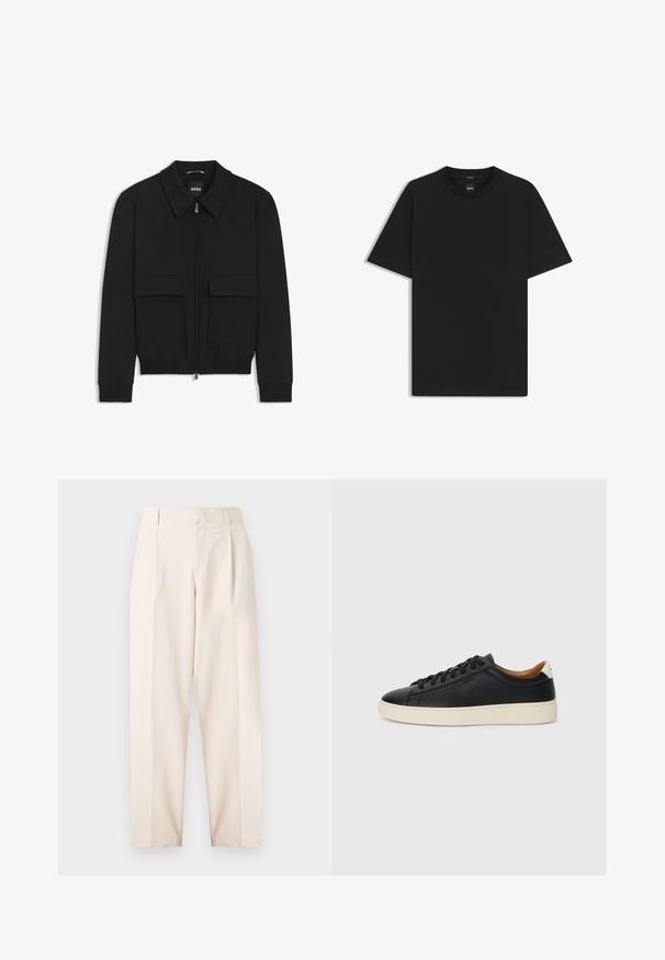 Veste bomber noire avec col, fermeture éclair à l'avant et deux grandes poches à rabat. Dotée de poignets et d'un bas côtelés, fabriquée en tissu texturé.; T-shirt noir à manches courtes en coton mélangé doux, avec un col rond et un design minimaliste sans motifs ni accents.; Pantalons beiges sur mesure avec taille haute, plis et coupe droite. Fabriqués dans un tissu lisse avec poches latérales et finition soignée.; Baskets en cuir noir avec une texture lisse, semelle en caoutchouc beige, design à lacets et accent de talon contrasté.