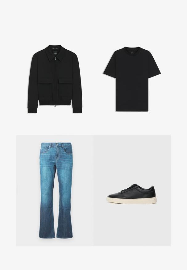 Zwarte bomberjack met een kraag, rits aan de voorkant en twee grote klepzakken. Heeft geribde manchetten en onderrand, gemaakt van textuurstof.; Zwarte korte mouwen T-shirt van een gladde katoenmix, met een ronde halslijn en een minimalistisch ontwerp zonder patronen of accenten.; Mid-blue gewassen denim jeans met een lichte flare aan de onderkant, klassieke vijf-pocket ontwerp, en een sluiting met knoop en rits aan de voorkant.; Zwarte leren sneaker met lage schacht, zwarte veters en off-white zool, weergegeven in zijprofiel op een witte achtergrond.
