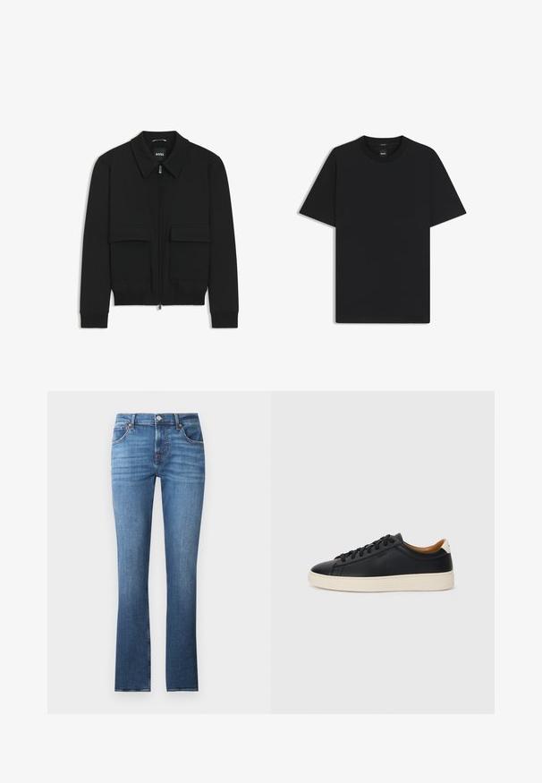 Musta pommikohva takki, jossa on kauluskulli, vetoketju etupuolella ja kaksi suurta läpällistä taskua. Varustettu ribbireunuksilla hihoissa ja helmassa, valmistettu teksturoituneesta kankaasta.; Musta lyhythiha T-paita, joka on valmistettu sileästä puuvillasekoitteesta. Paita on varustettu pyöreällä pääntiehen ja siinä on minimaalinen muotoilu ilman kuvioita tai yksityiskohtia.; Siniset farkut suoran lahkeen muotoilulla, jossa on vaaleaa kulumista, viisi taskua ja metalliosat. Vyötäröosassa on vyölenkit.; Mustat nahkasneakerit, joissa on sileä pinta, beige kumipohja, nauhakiinnitys ja erottuva kanta-aksentti.