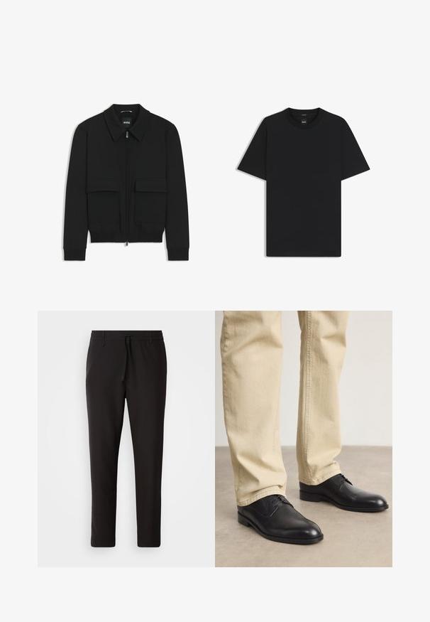 Chaqueta bomber negra con cuello tipo camisa, cierre frontal de cremallera y dos grandes bolsillos con solapa. Presenta puños ribeteados y dobladillo, confeccionada en tela texturizada.; Camiseta negra de manga corta fabricada con una suave mezcla de algodón, que presenta un cuello redondo y un diseño minimalista sin patrones ni acentos.; Pantalones de chándal negros de tejido suave. Cuentan con una cintura elástica con cordón, piernas ajustadas y sin bolsillos visibles. Diseño sencillo.; Zapatos de cuero negro con cordones, puntera redondeada, acabado suave y sutiles detalles de costura, combinados con pantalones de color beige claro.