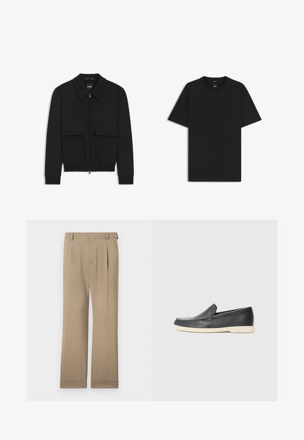 Czarna kurtka bomberka z kołnierzykiem, zapinana na zamek, z dwiema dużymi kieszeniami z klapami. Posiada ściągacze na mankietach i dole, wykonana z teksturowanej tkaniny.; Czarny t-shirt krótki rękaw wykonany z gładkiej mieszanki bawełny, z okrągłym dekoltem i minimalistycznym designem bez wzorów czy akcentów.; Beżowe spodnie wykonane z lekkiego materiału, o prostym kroju, z podwójnymi fałdami i podwiniętymi mankietami dla swobodnego dopasowania.; Czarne skórzane slip-ony w stylu loafers z teksturowanym wykończeniem i kontrastującą beżową gumową podeszwą. Posiadają delikatny akcent wzdłuż przodu.