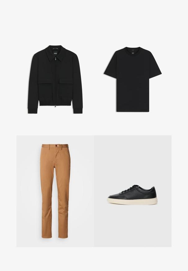 Veste bomber noire avec col, fermeture éclair à l'avant et deux grandes poches à rabat. Dotée de poignets et d'un bas côtelés, fabriquée en tissu texturé.; T-shirt noir à manches courtes en coton mélangé doux, avec un col rond et un design minimaliste sans motifs ni accents.; Pantalons khaki ajustés avec fermeture à bouton et à zip, passepoils pour ceinture et poches latérales sur fond blanc.; Baskets en cuir noires à tiges basses avec lacets noirs et semelle ivoire, présentées en profil latéral sur fond blanc.