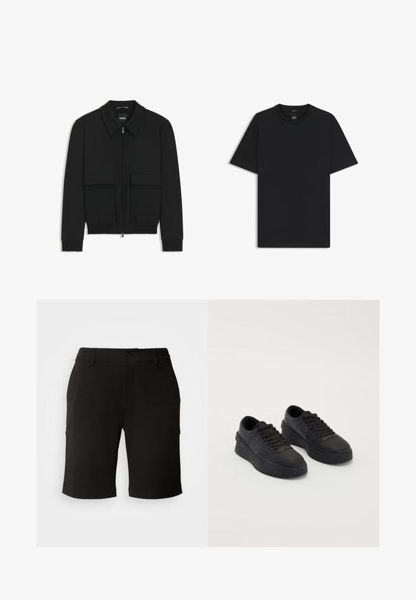 Black bomber jacket with a collared neck, zip front, and two large flap pockets. Features ribbed cuffs and hem, made of textured fabric.; Black short-sleeve T-shirt made from a smooth cotton blend, featuring a crew neckline and a minimalistic design with no patterns or accents.; Black shorts made of soft fabric with a tailored design, featuring a front button closure and two side pockets. Hem is turned up slightly.; Black sneakers made of smooth leather with a cushioned sole. Features include flat laces, perforations on the toe, and a sleek silhouette.