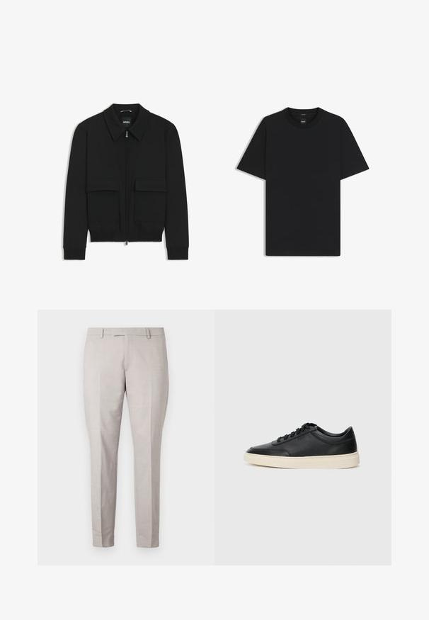 Musta pommikohva takki, jossa on kauluskulli, vetoketju etupuolella ja kaksi suurta läpällistä taskua. Varustettu ribbireunuksilla hihoissa ja helmassa, valmistettu teksturoituneesta kankaasta.; Musta lyhythiha T-paita, joka on valmistettu sileästä puuvillasekoitteesta. Paita on varustettu pyöreällä pääntiehen ja siinä on minimaalinen muotoilu ilman kuvioita tai yksityiskohtia.; Harmaat housut, jotka on valmistettu sileästä kankaasta, jossa on tasainen etuosa, suorat lahkeet ja muotoiltu vyötärö, jossa on vyölenkit.; Musta matalavartinen nahkastretchu, jossa on mustat nauhat ja vaaleanharmaa pohja, esitetty sivuprofiilissa valkoista taustaa vasten.