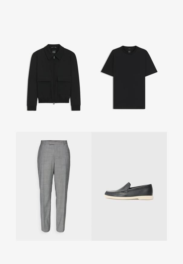 Schwarze Bikerjacke mit Kragen, Reißverschluss vorne und zwei großen Taschen mit Klappen. Mit Rippstrickbündchen und Saum, aus strukturiertem Stoff gefertigt.; Schwarz T-Shirt mit kurzen Ärmeln aus einem glatten Baumwollmix, mit Rundhalsausschnitt und einem minimalistischen Design ohne Muster oder Akzente.; Graue maßgeschneiderte Hose mit einem dezenten Karomuster, geradem Schnitt und glatter Textur, mit flachem Bund und Gürtelschlaufen.; Schwarze Leder-Slipper mit strukturiertem Finish und einer kontrastierenden beige Gummisohle. Mit einem dezenten Akzent an der Vorderseite.