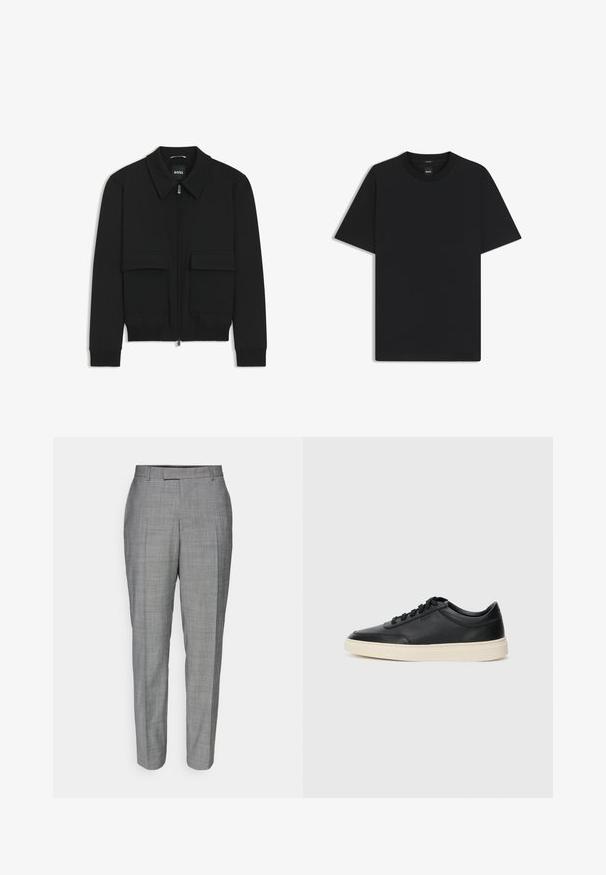 Musta pommikohva takki, jossa on kauluskulli, vetoketju etupuolella ja kaksi suurta läpällistä taskua. Varustettu ribbireunuksilla hihoissa ja helmassa, valmistettu teksturoituneesta kankaasta.; Musta lyhythiha T-paita, joka on valmistettu sileästä puuvillasekoitteesta. Paita on varustettu pyöreällä pääntiehen ja siinä on minimaalinen muotoilu ilman kuvioita tai yksityiskohtia.; Harmaat räätälöidyt housut, joissa on hienovarainen ruutukuosi, suora leikkaus ja sileä pinta, litteä etuosa sekä vyölenkit.; Musta matalavartinen nahkastretchu, jossa on mustat nauhat ja vaaleanharmaa pohja, esitetty sivuprofiilissa valkoista taustaa vasten.