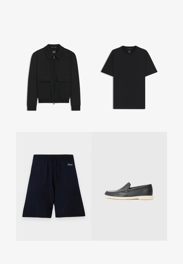 Svart bomberjacka med krage, dragkedja framtill och två stora klafffickor. Har ribbade mudd och nederkant, tillverkad av strukturerad tyg.; Svart kortärmad T-shirt i en mjuk bomullsblandning, med rundad halsringning och en minimalistisk design utan mönster eller detaljer.; Mörkblå shorts i mjukt tyg, med elastisk midja och snörning, samt broderad text "Framtid" nära toppen.; Svarta läder slip-on loafers med en texturerad yta och en kontrasterande beige gummisula. Har en subtil accent längs fram.