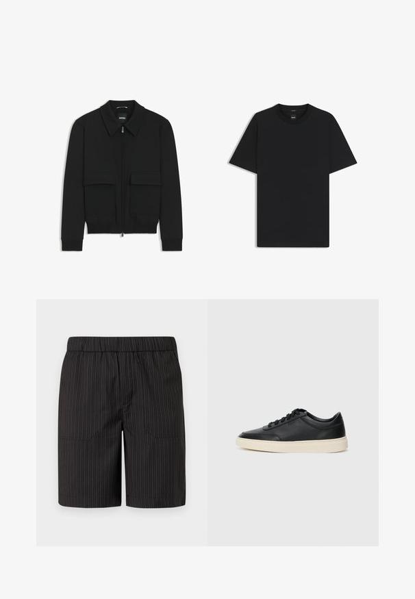 Giacca bomber nera con colletto, chiusura a zip frontale e due grandi tasche con patta. Presenta polsini e orlo a costine, realizzata in tessuto testurizzato.; Maglietta nera a maniche corte realizzata in un morbido misto cotone, con scollatura a girocollo e un design minimalista senza motivi o dettagli.; Pantaloni corti neri con sottili righe verticali bianche, con vita elastica e due tasche laterali, realizzati in tessuto leggero e texture.; Sneaker in pelle nera a basso profilo con lacci neri e suola avorio, mostrato di profilo su sfondo bianco.