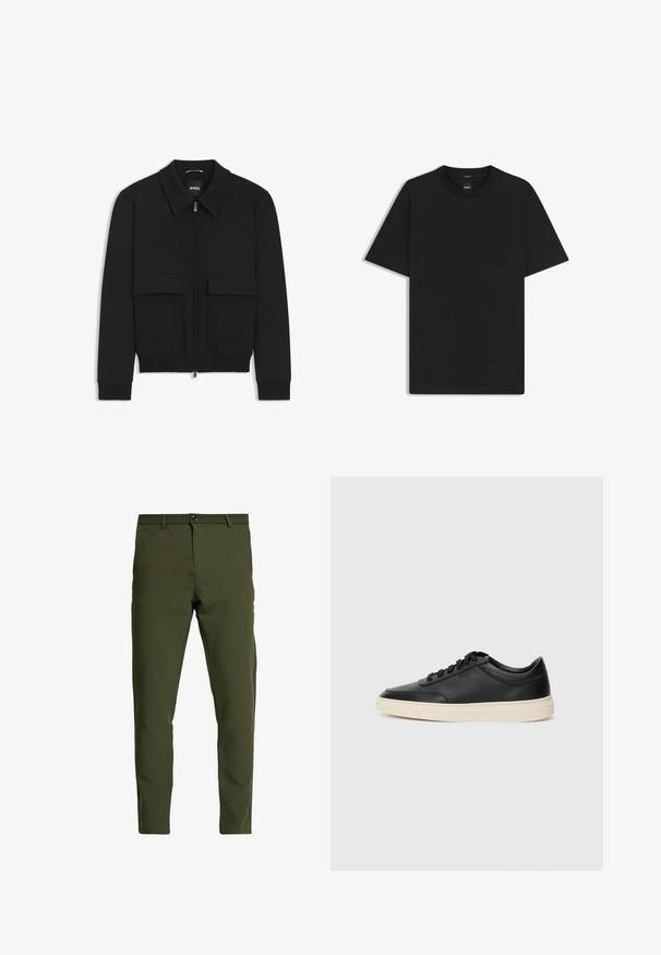 Black bomber jacket with a collared neck, zip front, and two large flap pockets. Features ribbed cuffs and hem, made of textured fabric.; Black short-sleeve T-shirt made from a smooth cotton blend, featuring a crew neckline and a minimalistic design with no patterns or accents.; Olive green trousers with a slim fit, made from a smooth, durable fabric. Features a zip fly, button closure, and standard pockets.; Black low-top leather sneaker with black laces and off-white sole shown in side profile on white background.