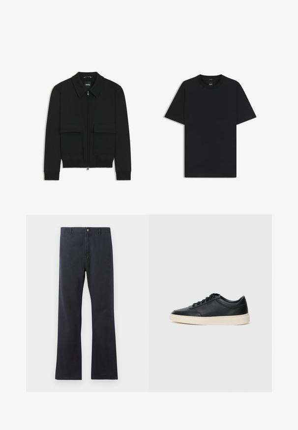 Black bomber jacket with a collared neck, zip front, and two large flap pockets. Features ribbed cuffs and hem, made of textured fabric.; Black short-sleeve T-shirt made from a smooth cotton blend, featuring a crew neckline and a minimalistic design with no patterns or accents.; Navy chinos made of cotton blend, featuring a straight-leg cut, a buttoned fly, and belt loops. Smooth texture with minimal detailing.; Black low-top leather sneaker with black laces and off-white sole shown in side profile on white background.