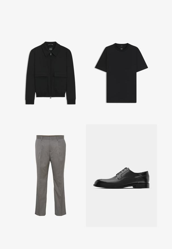 Czarna kurtka bomberka z kołnierzykiem, zapinana na zamek, z dwiema dużymi kieszeniami z klapami. Posiada ściągacze na mankietach i dole, wykonana z teksturowanej tkaniny.; Czarny t-shirt krótki rękaw wykonany z gładkiej mieszanki bawełny, z okrągłym dekoltem i minimalistycznym designem bez wzorów czy akcentów.; Szare w paski spodnie z plisowanym przodem, wykonane z lekkiego materiału, z tradycyjnymi skośnymi kieszeniami i prostym krojem nogawek.; Czarne skórzane eleganckie buty z zaokrąglonym noskiem, gładką teksturą, minimalnymi szwami i płaską podeszwą z subtelnym logo na pięcie.
