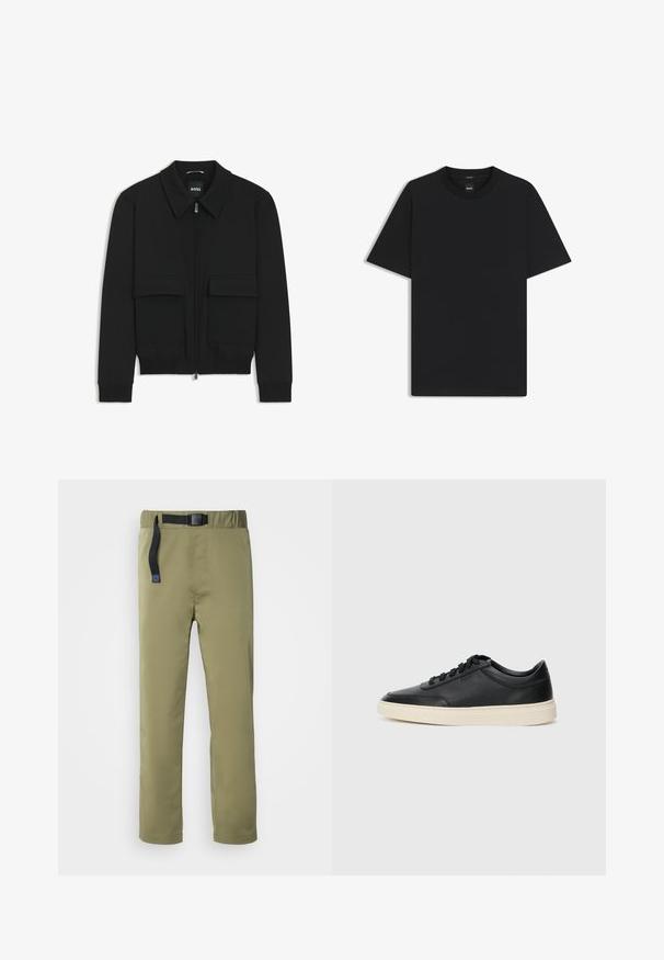 Black bomber jacket with a collared neck, zip front, and two large flap pockets. Features ribbed cuffs and hem, made of textured fabric.; Black short-sleeve T-shirt made from a smooth cotton blend, featuring a crew neckline and a minimalistic design with no patterns or accents.; Olive green, lightweight pants with a black adjustable belt, straight cut, and subtle stitching details. Suitable for outdoor activities.; Black low-top leather sneaker with black laces and off-white sole shown in side profile on white background.