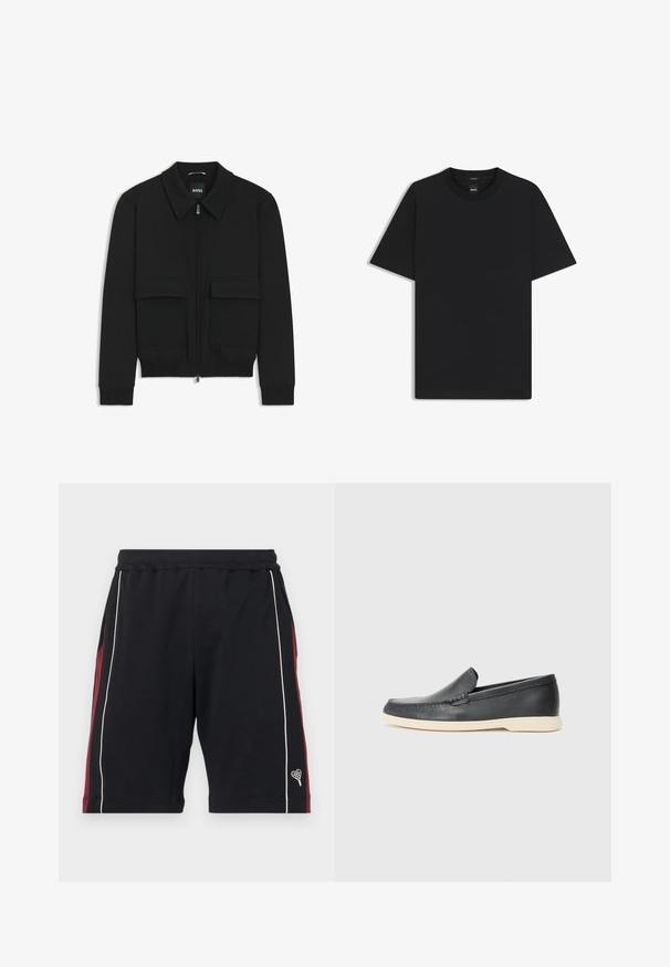 Giacca bomber nera con colletto, chiusura a zip frontale e due grandi tasche con patta. Presenta polsini e orlo a costine, realizzata in tessuto testurizzato.; Maglietta nera a maniche corte realizzata in un morbido misto cotone, con scollatura a girocollo e un design minimalista senza motivi o dettagli.; Pantaloni corti neri in tessuto morbido, con pannelli laterali bordeaux, piping bianco e un piccolo logo a forma di cuore sull'orlo. Vita elastica per il comfort.; Mocassini neri in pelle con finitura testurizzata e suola in gomma beige a contrasto. Presentano un accento sottile lungo la parte anteriore.