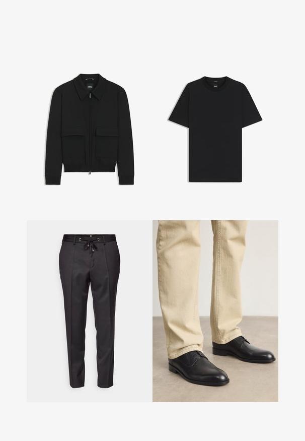 Schwarze Bikerjacke mit Kragen, Reißverschluss vorne und zwei großen Taschen mit Klappen. Mit Rippstrickbündchen und Saum, aus strukturiertem Stoff gefertigt.; Schwarz T-Shirt mit kurzen Ärmeln aus einem glatten Baumwollmix, mit Rundhalsausschnitt und einem minimalistischen Design ohne Muster oder Akzente.; Schwarze maßgeschneiderte Hose mit einem verstellbaren Bund, gefalteter Front und umgeschlagenen Säumen. Hergestellt aus glattem Stoff mit strukturiertem Sitz.; Schwarze Leder Schnürschuhe mit runder Zehenform, glatter Oberfläche und dezenten Nähdetails, getragen mit hellbeigen Hosen.