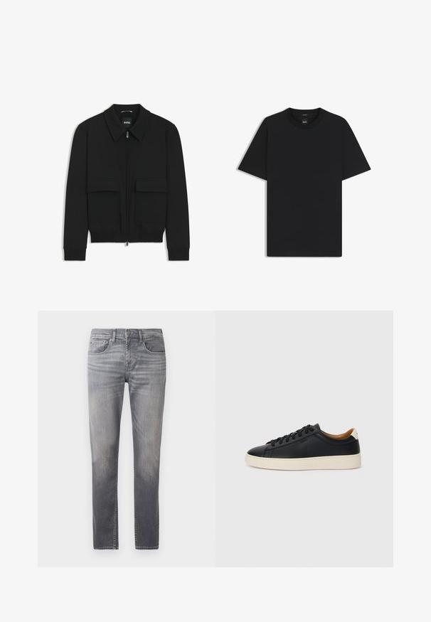 Zwarte bomberjack met een kraag, rits aan de voorkant en twee grote klepzakken. Heeft geribde manchetten en onderrand, gemaakt van textuurstof.; Zwarte korte mouwen T-shirt van een gladde katoenmix, met een ronde halslijn en een minimalistisch ontwerp zonder patronen of accenten.; Grijze denim jeans met een recht model, voorzien van een vervaagd ontwerp, vijf zakken en een standaard tailleband met een knoopsluiting.; Zwarte leren sneakers met een gladde textuur, beige rubberen zool, vetersluiting en een contrasterende hielaccent.