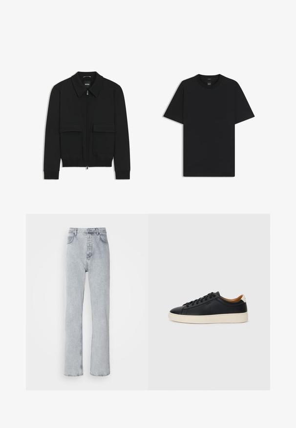 Black bomber jacket with a collared neck, zip front, and two large flap pockets. Features ribbed cuffs and hem, made of textured fabric.; Black short-sleeve T-shirt made from a smooth cotton blend, featuring a crew neckline and a minimalistic design with no patterns or accents.; Light gray denim jeans with a straight leg design, high waist, five-pocket styling, and visible stitching detail.; Black leather sneakers with a smooth texture, beige rubber sole, lace-up design, and a contrasting heel accent.