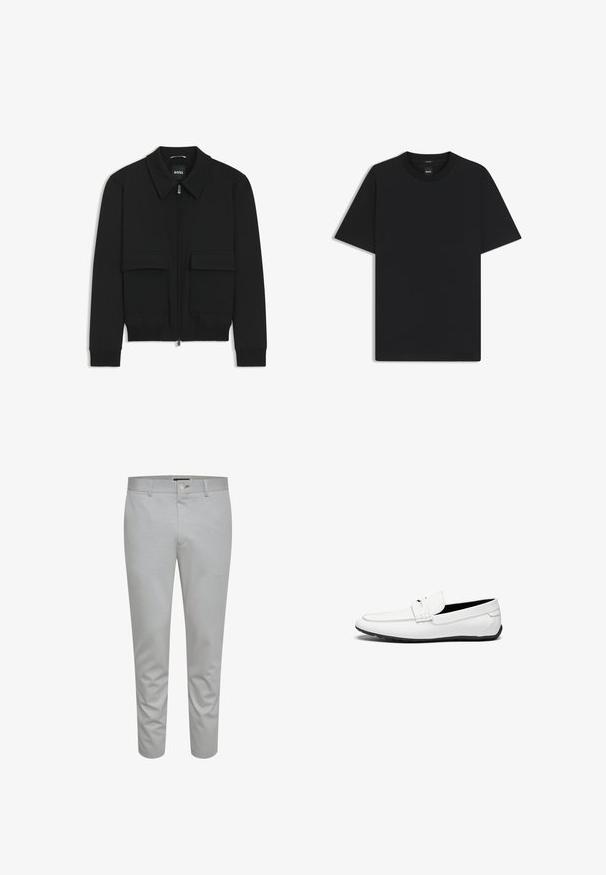 Zwarte bomberjack met een kraag, rits aan de voorkant en twee grote klepzakken. Heeft geribde manchetten en onderrand, gemaakt van textuurstof.; Zwarte korte mouwen T-shirt van een gladde katoenmix, met een ronde halslijn en een minimalistisch ontwerp zonder patronen of accenten.; Lichtgrijze op maat gemaakte broeken met een gladde textuur, voorzien van een knoopsluiting, riemlussen en voorzakken. Cropped enkellange ontwerp.; Witte leren loafers met een gladde afwerking, voorzien van een gestikte accent, een ronde neus en een zwarte rubberen zool voor grip.