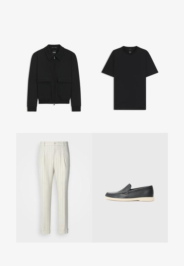 Black bomber jacket with a collared neck, zip front, and two large flap pockets. Features ribbed cuffs and hem, made of textured fabric.; Black short-sleeve T-shirt made from a smooth cotton blend, featuring a crew neckline and a minimalistic design with no patterns or accents.; Pleated trousers made of light fabric, featuring a cream base with thin blue vertical stripes. Cuffed hems and a single front button.; Black leather slip-on loafers with a textured finish and a contrasting beige rubber sole. Features a subtle accent along the front.