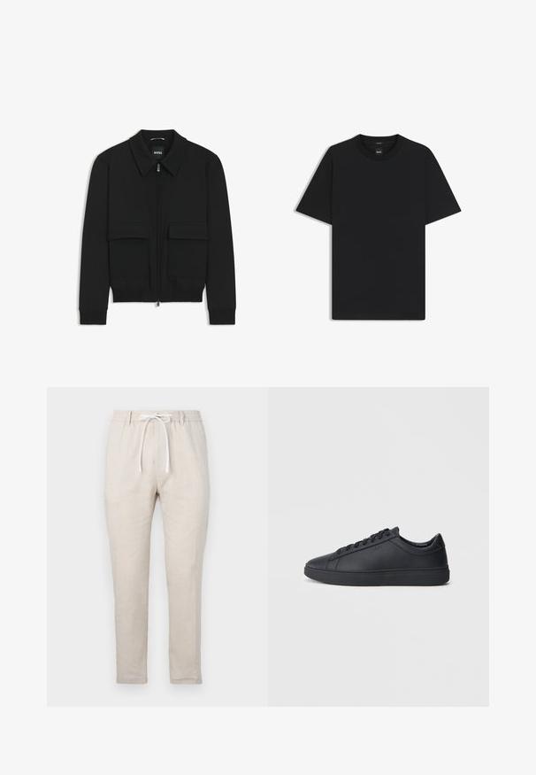 Black bomber jacket with a collared neck, zip front, and two large flap pockets. Features ribbed cuffs and hem, made of textured fabric.; Black short-sleeve T-shirt made from a smooth cotton blend, featuring a crew neckline and a minimalistic design with no patterns or accents.; Beige linen trousers with a relaxed fit, elastic waistband, and a drawstring closure. Straight leg design with a smooth texture.; Black sneakers made of smooth leather with a low-top design, round toe, and flat rubber sole. Features laces and subtle branding.