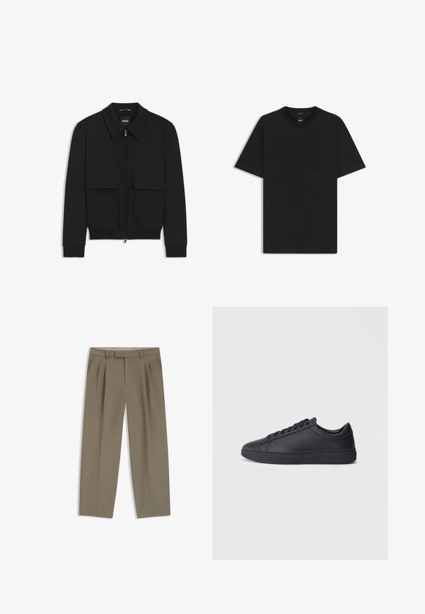 Schwarze Bikerjacke mit Kragen, Reißverschluss vorne und zwei großen Taschen mit Klappen. Mit Rippstrickbündchen und Saum, aus strukturiertem Stoff gefertigt.; Schwarz T-Shirt mit kurzen Ärmeln aus einem glatten Baumwollmix, mit Rundhalsausschnitt und einem minimalistischen Design ohne Muster oder Akzente.; Khakifarbene, gefaltete Hose mit Seitentaschen, Gürtelschlaufen und geradem Bein, flach auf einem weißen Hintergrund ausgestellt.; Schwarze Sneaker aus glattem Leder mit einem tiefen Design, runder Zehenform und flacher Gummi-Sohle. Mit Schnürsenkeln und dezentem Branding.