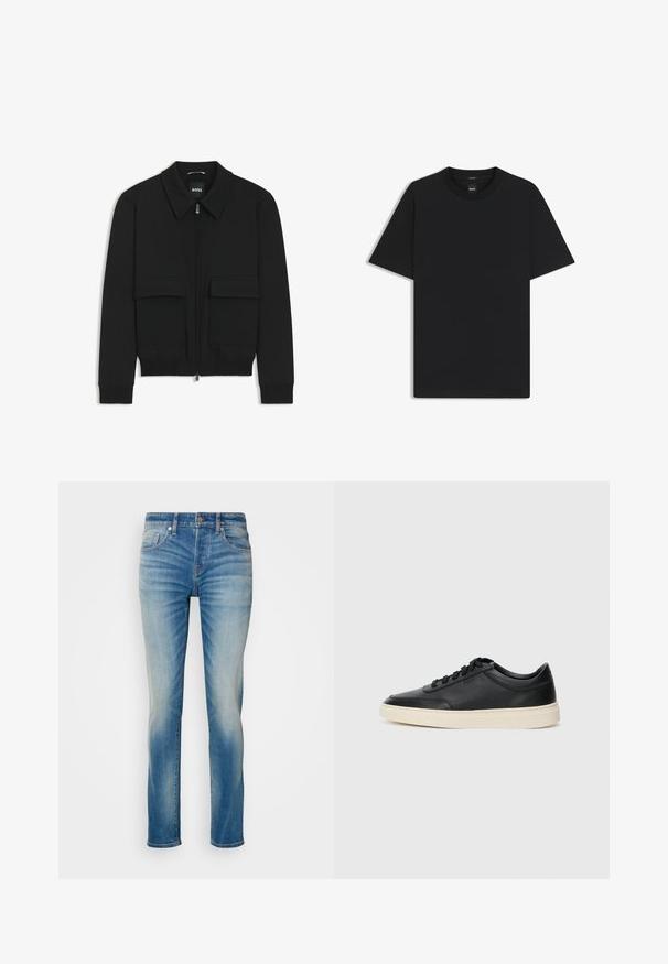 Zwarte bomberjack met een kraag, rits aan de voorkant en twee grote klepzakken. Heeft geribde manchetten en onderrand, gemaakt van textuurstof.; Zwarte korte mouwen T-shirt van een gladde katoenmix, met een ronde halslijn en een minimalistisch ontwerp zonder patronen of accenten.; Lichtblauwe denim jeans met een rechte pasvorm, voorzien van vijf zakken en subtiele vervaging op de bovenbenen. Metalen knoop en ritssluiting.; Zwarte leren sneaker met lage schacht, zwarte veters en off-white zool, weergegeven in zijprofiel op een witte achtergrond.