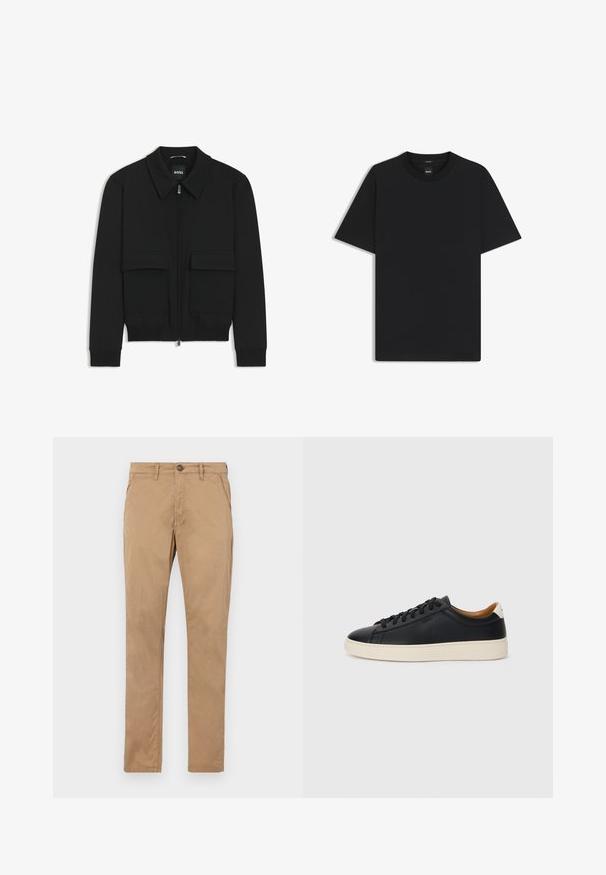 Sort bomberjakke med krave, lynlås foran og to store klaplommer. Har ribbede manchetter og bund, lavet af struktureret stof.; Sort kortærmet T-shirt lavet af en glat bomuldsblanding, med en rund halsudskæring og et minimalistisk design uden mønstre eller accenter.; Tan, lige ben chinos lavet af bomuld. Har en frontknap, lynlås og sidelommer med en glat struktur og uden synlige mønstre.; Sorte lædersneakers med en glat overflade, beige gummisål, snørebåndsdesign og en kontrastfarvet hæl.