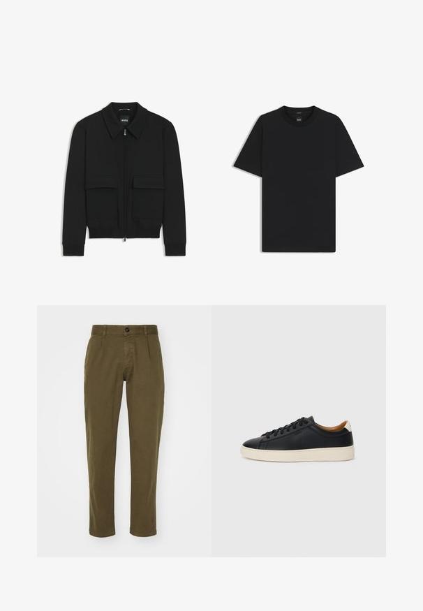 Black bomber jacket with a collared neck, zip front, and two large flap pockets. Features ribbed cuffs and hem, made of textured fabric.; Black short-sleeve T-shirt made from a smooth cotton blend, featuring a crew neckline and a minimalistic design with no patterns or accents.; Olive green cotton trousers with a straight fit, featuring a front button closure, belt loops, and side pockets. Smooth texture.; Black leather sneakers with a smooth texture, beige rubber sole, lace-up design, and a contrasting heel accent.