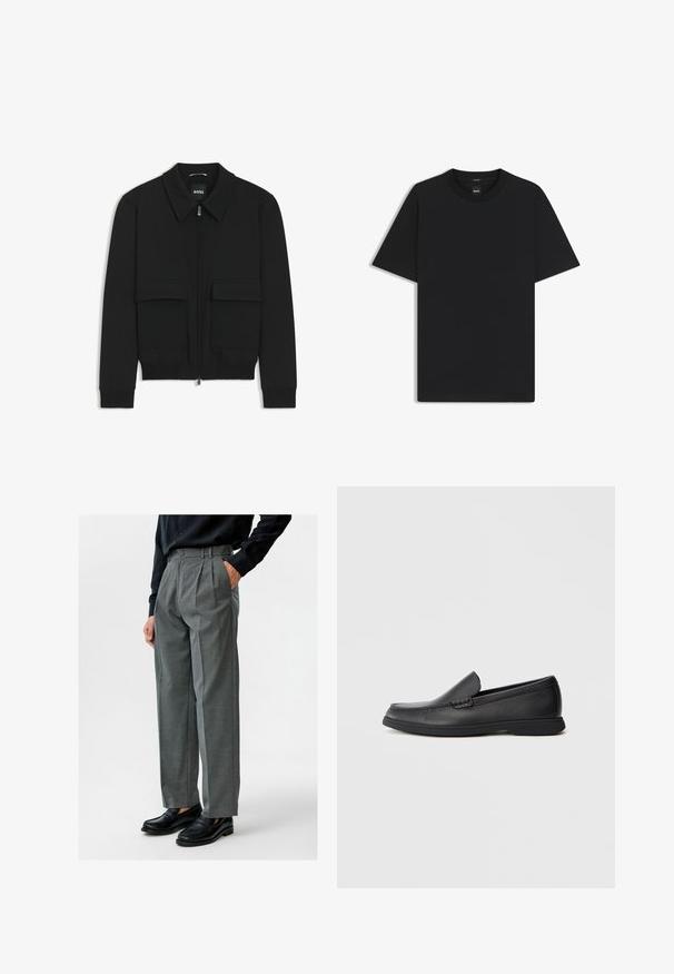 Black bomber jacket with a collared neck, zip front, and two large flap pockets. Features ribbed cuffs and hem, made of textured fabric.; Black short-sleeve T-shirt made from a smooth cotton blend, featuring a crew neckline and a minimalistic design with no patterns or accents.; Gray pleated trousers made of woven fabric, featuring a high waist and side pockets, paired with black leather loafers.; Black leather slip-on loafer with textured upper, rounded toe, low heel, and rubber sole, shown in side profile on white background.
