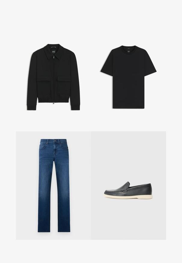 Veste bomber noire avec col, fermeture éclair à l'avant et deux grandes poches à rabat. Dotée de poignets et d'un bas côtelés, fabriquée en tissu texturé.; T-shirt noir à manches courtes en coton mélangé doux, avec un col rond et un design minimaliste sans motifs ni accents.; Jeans en denim bleu foncé avec une coupe droite, comportant cinq poches, une fermeture à bouton à l'avant et des détails de décoloration subtils.; Mocassins noirs en cuir à enfiler avec une finition texturée et une semelle en caoutchouc beige contrastante. Présente un accent subtil sur le devant.