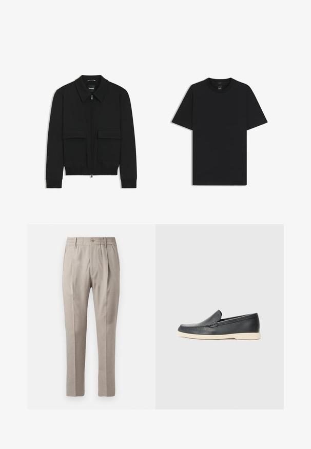 Sort bomberjakke med krave, lynlås foran og to store klaplommer. Har ribbede manchetter og bund, lavet af struktureret stof.; Sort kortærmet T-shirt lavet af en glat bomuldsblanding, med en rund halsudskæring og et minimalistisk design uden mønstre eller accenter.; Beige skræddersyede bukser med en glat overflade, der har knaplukning, elastisk talje og to forlommer. Lige ben-design.; Sorte læder slip-on loafers med en struktureret overflade og en kontrasterende beige gummisål. Har en subtil detalje langs forsiden.