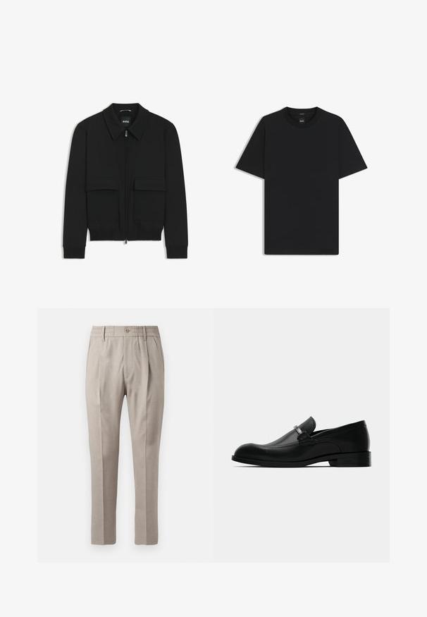 Svart bomberjacka med krage, dragkedja framtill och två stora klafffickor. Har ribbade mudd och nederkant, tillverkad av strukturerad tyg.; Svart kortärmad T-shirt i en mjuk bomullsblandning, med rundad halsringning och en minimalistisk design utan mönster eller detaljer.; Beiga skräddarsydda byxor med en slät textur, featuring en knappstängning, elastiskt midjeband och två framfickor. Raka ben.; Svart läder herresko i loafer-stil med metallspänne, låg klack och märkessula, visad från sidan på en vit bakgrund.
