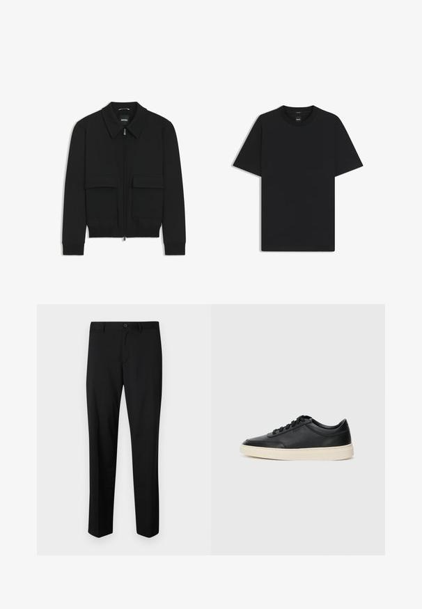Black bomber jacket with a collared neck, zip front, and two large flap pockets. Features ribbed cuffs and hem, made of textured fabric.; Black short-sleeve T-shirt made from a smooth cotton blend, featuring a crew neckline and a minimalistic design with no patterns or accents.; Black tailored trousers with a flat front, standard waist, and straight legs. Made of smooth fabric, featuring a single button closure.; Black low-top leather sneaker with black laces and off-white sole shown in side profile on white background.