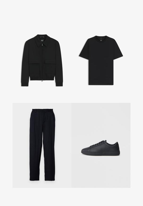 Black bomber jacket with a collared neck, zip front, and two large flap pockets. Features ribbed cuffs and hem, made of textured fabric.; Black short-sleeve T-shirt made from a smooth cotton blend, featuring a crew neckline and a minimalistic design with no patterns or accents.; Libertine-Libertine ALIVE - Trousers - dark navy; Black sneakers made of smooth leather with a low-top design, round toe, and flat rubber sole. Features laces and subtle branding.