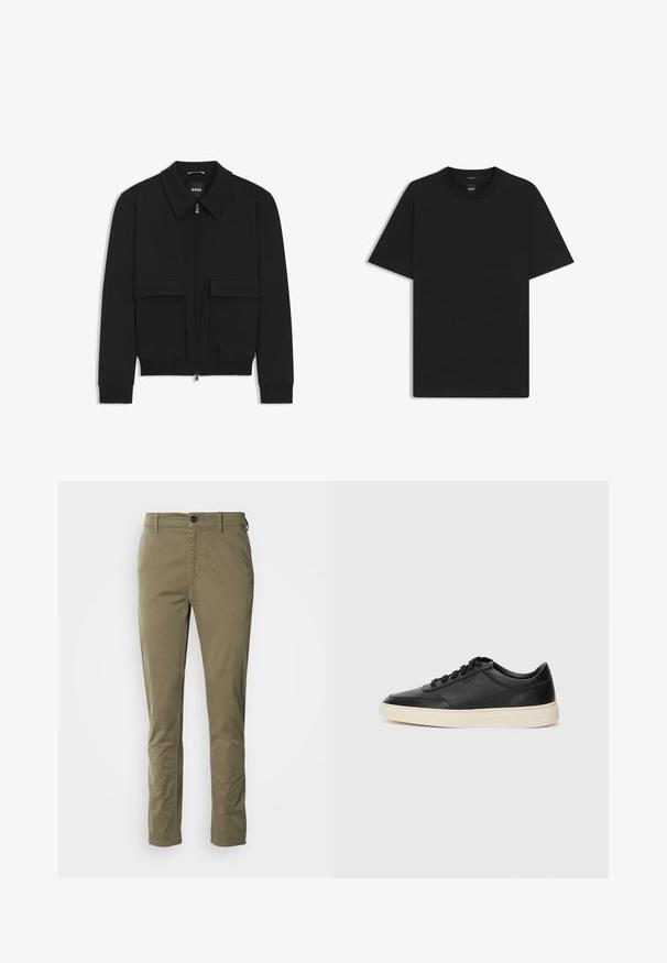 Schwarze Bikerjacke mit Kragen, Reißverschluss vorne und zwei großen Taschen mit Klappen. Mit Rippstrickbündchen und Saum, aus strukturiertem Stoff gefertigt.; Schwarz T-Shirt mit kurzen Ärmeln aus einem glatten Baumwollmix, mit Rundhalsausschnitt und einem minimalistischen Design ohne Muster oder Akzente.; Olivgrüne Chinos aus Baumwolle mit glatter Textur. Verfügen über einen Knopfverschluss, Seitentaschen und ein schlankes Design.; Schwarzer niedriger Ledersneaker mit schwarzen Schnürsenkeln und cremefarbenem Sohlenrand, seitlich auf weißem Hintergrund dargestellt.