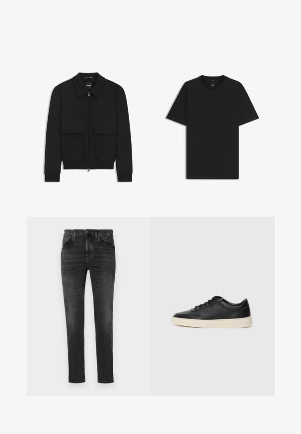 Zwarte bomberjack met een kraag, rits aan de voorkant en twee grote klepzakken. Heeft geribde manchetten en onderrand, gemaakt van textuurstof.; Zwarte korte mouwen T-shirt van een gladde katoenmix, met een ronde halslijn en een minimalistisch ontwerp zonder patronen of accenten.; BOSS ONYX - Jeans Tapered Fit - charcoal; Zwarte leren sneaker met lage schacht, zwarte veters en off-white zool, weergegeven in zijprofiel op een witte achtergrond.