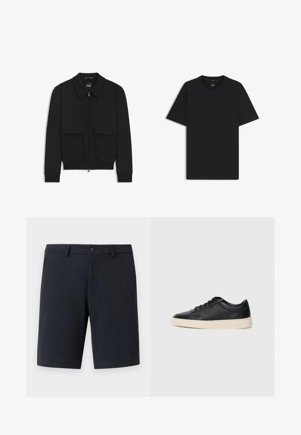 Giacca bomber nera con colletto, chiusura a zip frontale e due grandi tasche con patta. Presenta polsini e orlo a costine, realizzata in tessuto testurizzato.; Maglietta nera a maniche corte realizzata in un morbido misto cotone, con scollatura a girocollo e un design minimalista senza motivi o dettagli.; Pantaloni corti blu navy realizzati in un tessuto liscio, dotati di chiusura frontale con bottone, passanti per cintura e tasche discrete. Design con orlo piatto.; Sneaker in pelle nera a basso profilo con lacci neri e suola avorio, mostrato di profilo su sfondo bianco.