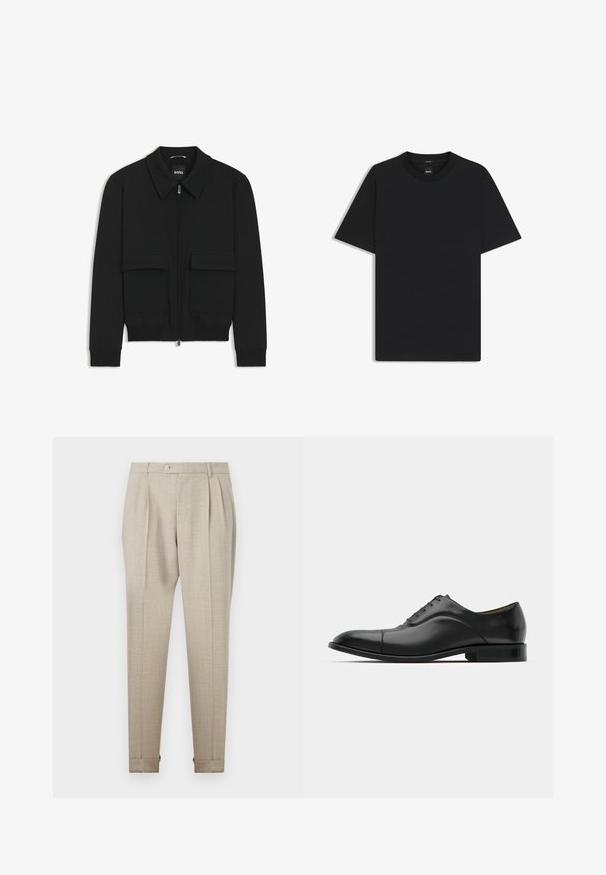 Zwarte bomberjack met een kraag, rits aan de voorkant en twee grote klepzakken. Heeft geribde manchetten en onderrand, gemaakt van textuurstof.; Zwarte korte mouwen T-shirt van een gladde katoenmix, met een ronde halslijn en een minimalistisch ontwerp zonder patronen of accenten.; Beige geplisseerde broek met een zachte textuur, voorzien van een sluiting met een knoop aan de voorkant en omgerolde zoom. Getailleerde pasvorm en recht model.; Zwarte leren jurk schoen met een gladde textuur, ronde neus en vijf veterogen. Beschikt over een lage gestapelde hak en subtiele naaddetails.