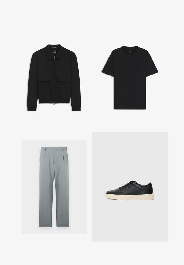 Musta pommikohva takki, jossa on kauluskulli, vetoketju etupuolella ja kaksi suurta läpällistä taskua. Varustettu ribbireunuksilla hihoissa ja helmassa, valmistettu teksturoituneesta kankaasta.; Musta lyhythiha T-paita, joka on valmistettu sileästä puuvillasekoitteesta. Paita on varustettu pyöreällä pääntiehen ja siinä on minimaalinen muotoilu ilman kuvioita tai yksityiskohtia.; Vaaleanharmaat housut, jotka on valmistettu tekstuuripinnoitteisesta kankaasta. Suora lahjemuoto, yksittäiset laskokset ja kääntövarat. Minimalistinen ja räätälöity ilme.; Musta matalavartinen nahkastretchu, jossa on mustat nauhat ja vaaleanharmaa pohja, esitetty sivuprofiilissa valkoista taustaa vasten.
