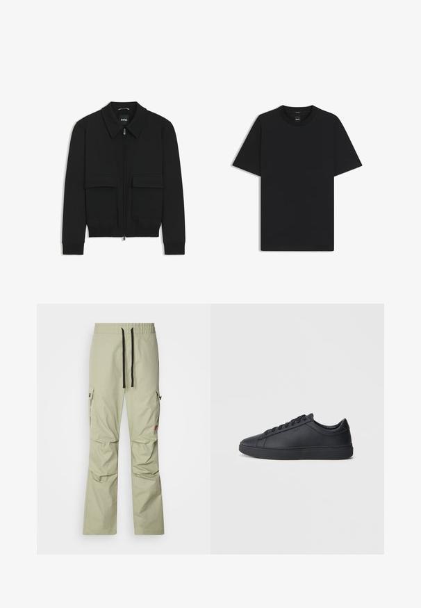 Black bomber jacket with a collared neck, zip front, and two large flap pockets. Features ribbed cuffs and hem, made of textured fabric.; Black short-sleeve T-shirt made from a smooth cotton blend, featuring a crew neckline and a minimalistic design with no patterns or accents.; Light green cargo pants with a relaxed fit, elastic waistband, black drawstring, two side pockets, and subtle stitching details.; Black sneakers made of smooth leather with a low-top design, round toe, and flat rubber sole. Features laces and subtle branding.