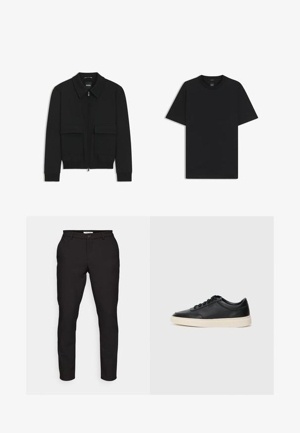 Zwarte bomberjack met een kraag, rits aan de voorkant en twee grote klepzakken. Heeft geribde manchetten en onderrand, gemaakt van textuurstof.; Zwarte korte mouwen T-shirt van een gladde katoenmix, met een ronde halslijn en een minimalistisch ontwerp zonder patronen of accenten.; Zwarte op maat gemaakte broek met een smalle pasvorm. Voorzien van een ritssluiting, knopen, zijzakken en een gladde, lichte stof.; Zwarte leren sneaker met lage schacht, zwarte veters en off-white zool, weergegeven in zijprofiel op een witte achtergrond.