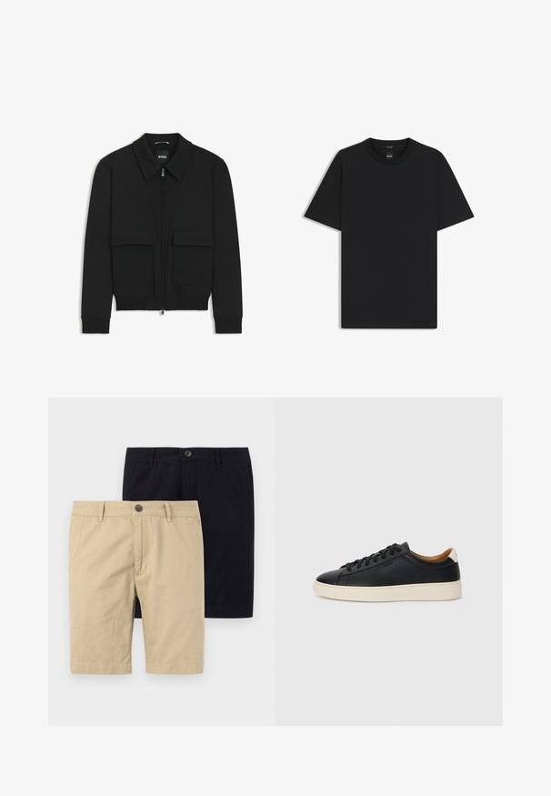 Giacca bomber nera con colletto, chiusura a zip frontale e due grandi tasche con patta. Presenta polsini e orlo a costine, realizzata in tessuto testurizzato.; Maglietta nera a maniche corte realizzata in un morbido misto cotone, con scollatura a girocollo e un design minimalista senza motivi o dettagli.; Due paia di pantaloni corti, uno color khaki e uno nero, realizzati in cotone. Entrambi presentano un bottone, una vestibilità piatta nella parte anteriore e sono progettati per arrivare fino al ginocchio.; Sneakers in pelle nera con una texture liscia, suola in gomma beige, design con lacci e un accento del tacco in contrasto.