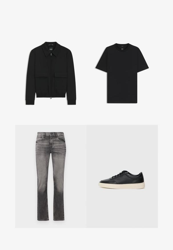 Musta pommikohva takki, jossa on kauluskulli, vetoketju etupuolella ja kaksi suurta läpällistä taskua. Varustettu ribbireunuksilla hihoissa ja helmassa, valmistettu teksturoituneesta kankaasta.; Musta lyhythiha T-paita, joka on valmistettu sileästä puuvillasekoitteesta. Paita on varustettu pyöreällä pääntiehen ja siinä on minimaalinen muotoilu ilman kuvioita tai yksityiskohtia.; Harmaat farkut, joissa on leveät lahkeet ja haalistunut viimeistely. Vyötärö on keskikorkea, viisi taskua ja suorat lahkeet. Viimeistelty erottuvalla ompelulla.; Musta matalavartinen nahkastretchu, jossa on mustat nauhat ja vaaleanharmaa pohja, esitetty sivuprofiilissa valkoista taustaa vasten.