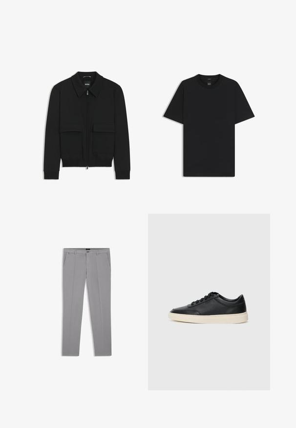 Czarna kurtka bomberka z kołnierzykiem, zapinana na zamek, z dwiema dużymi kieszeniami z klapami. Posiada ściągacze na mankietach i dole, wykonana z teksturowanej tkaniny.; Czarny t-shirt krótki rękaw wykonany z gładkiej mieszanki bawełny, z okrągłym dekoltem i minimalistycznym designem bez wzorów czy akcentów.; Szare spodnie z gładkiego materiału, z prostymi nogawkami, plisami z przodu i kieszeniami bocznymi. Minimalistyczny styl z zapięciem na guzik.; Czarne niskie skórzane sneakersy z czarnymi sznurówkami i off-white podeszwą, prezentowane w profilu bocznym na białym tle.