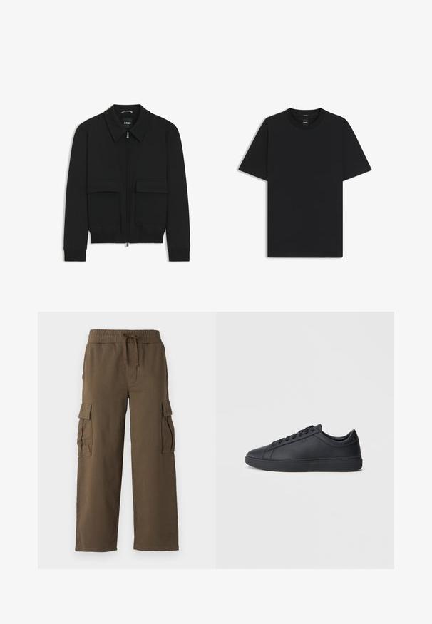 Schwarze Bikerjacke mit Kragen, Reißverschluss vorne und zwei großen Taschen mit Klappen. Mit Rippstrickbündchen und Saum, aus strukturiertem Stoff gefertigt.; Schwarz T-Shirt mit kurzen Ärmeln aus einem glatten Baumwollmix, mit Rundhalsausschnitt und einem minimalistischen Design ohne Muster oder Akzente.; Cargohosen mit elastischem Bund, Kordelzug und zwei Seitentaschen. Aus einem weichen braunen Stoff gefertigt, mit einem entspannten, weit geschnittenen Design.; Schwarze Sneaker aus glattem Leder mit einem tiefen Design, runder Zehenform und flacher Gummi-Sohle. Mit Schnürsenkeln und dezentem Branding.