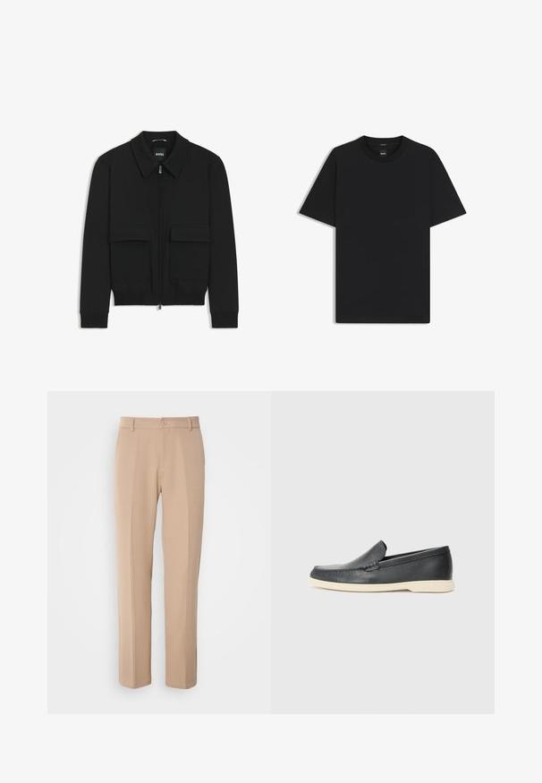 Veste bomber noire avec col, fermeture éclair à l'avant et deux grandes poches à rabat. Dotée de poignets et d'un bas côtelés, fabriquée en tissu texturé.; T-shirt noir à manches courtes en coton mélangé doux, avec un col rond et un design minimaliste sans motifs ni accents.; Pantalons beiges en tissu lisse, présentant une coupe droite, une fermeture à bouton à l'avant et des détails de plis discrets sur le devant.; Mocassins noirs en cuir à enfiler avec une finition texturée et une semelle en caoutchouc beige contrastante. Présente un accent subtil sur le devant.