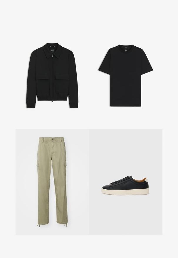Musta pommikohva takki, jossa on kauluskulli, vetoketju etupuolella ja kaksi suurta läpällistä taskua. Varustettu ribbireunuksilla hihoissa ja helmassa, valmistettu teksturoituneesta kankaasta.; Musta lyhythiha T-paita, joka on valmistettu sileästä puuvillasekoitteesta. Paita on varustettu pyöreällä pääntiehen ja siinä on minimaalinen muotoilu ilman kuvioita tai yksityiskohtia.; Kangasarka khaki valmistettu puuvillasta, jonka vyötärö on joustava, ja siinä on kaksi sivutaskua sekä kiristysnauhat nilkoissa.; Mustat nahkasneakerit, joissa on sileä pinta, beige kumipohja, nauhakiinnitys ja erottuva kanta-aksentti.