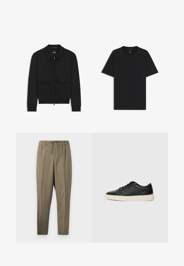 Black bomber jacket with a collared neck, zip front, and two large flap pockets. Features ribbed cuffs and hem, made of textured fabric.; Black short-sleeve T-shirt made from a smooth cotton blend, featuring a crew neckline and a minimalistic design with no patterns or accents.; Taupe corduroy pants with elastic waistband, belt loops, and drawstring, straight leg cut against plain white background.; Black low-top leather sneaker with black laces and off-white sole shown in side profile on white background.