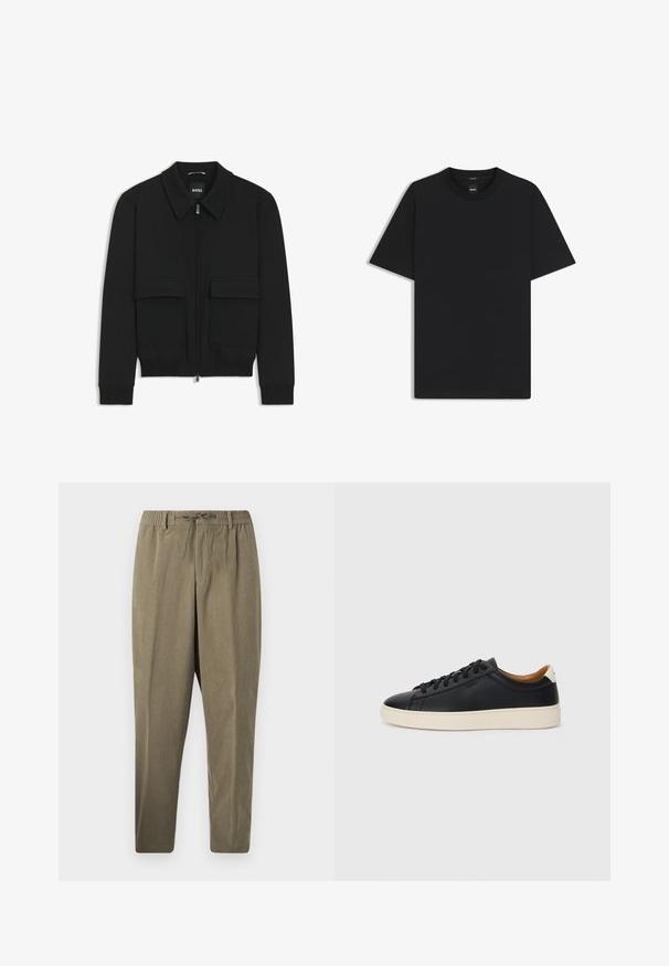 Black bomber jacket with a collared neck, zip front, and two large flap pockets. Features ribbed cuffs and hem, made of textured fabric.; Black short-sleeve T-shirt made from a smooth cotton blend, featuring a crew neckline and a minimalistic design with no patterns or accents.; Taupe corduroy pants with elastic waistband, belt loops, and drawstring, straight leg cut against plain white background.; Black leather sneakers with a smooth texture, beige rubber sole, lace-up design, and a contrasting heel accent.